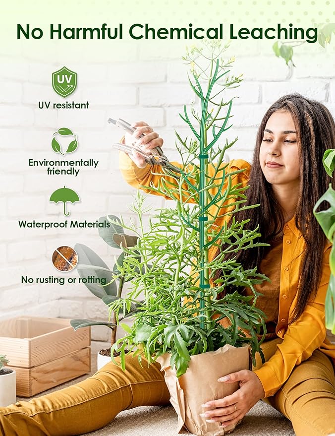 NiHome 50" Plant Support Stakes 5-Pack for Indoor & Outdoor Garden Climbing Plants Enhances Upright Growth - UV-Resistant, Non-Rotting Plastic Natural Branch Look for Pothos, Clematis, Ivies (Green)