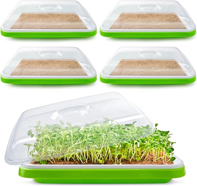 Microgreens Growing Trays with Lids and Coconut Fiber Mat,Seed Sprouter Tray with Drain Holes,Seed Starter Tray Reusable,Microgreens Growing Trays,Cat Grass Growing Kit for Indoor Cats (Pack 5)