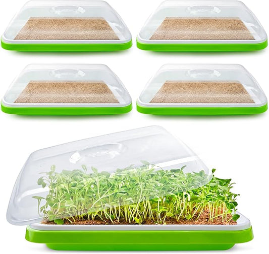 Microgreens Growing Trays with Lids and Coconut Fiber Mat,Seed Sprouter Tray with Drain Holes,Seed Starter Tray Reusable,Microgreens Growing Trays,Cat Grass Growing Kit for Indoor Cats (Pack 5)