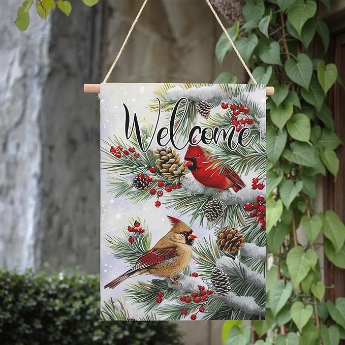 Welcome Winter Garden Flag Christma Cardinal Birds House Banner Red Bird Berry Trees Pine Snow Vertical Yard Flags Pinecone Wall Banners for Xmas Rustic Farmhouse 28 x 40 Inch