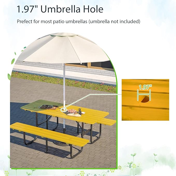 Outdoor Picnic Table with Benches, 6 - Person Picnic Table, Wooden Patio Dining Set, 1.97'' Umbrella Hole, Waterproof and Rounded Corners Design for Backyard, Garden, Park, Restaurant, Picnic, Yellow