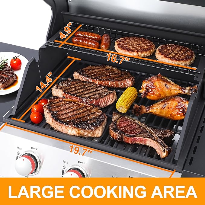 3-Burner Propane Gas Grill with 2 Foldable Side Tables, 30,000 BTU Outdoor BBQ Stainless Steel Grill with Porcelain-Enameled Cast Iron Grates and Thermometer, Easy Assembly for Patio, Backyard BBQ