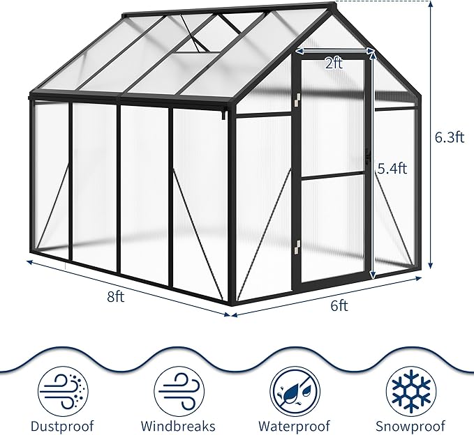 6x8 FT Greenhouse for Outdoors, Polycarbonate Greenhouse with Roof Vent, Ground Nails, Lockable Push Door, Aluminum Large Walk-in Green House for Outside Garden Backyard, Patio, Lawn, Black