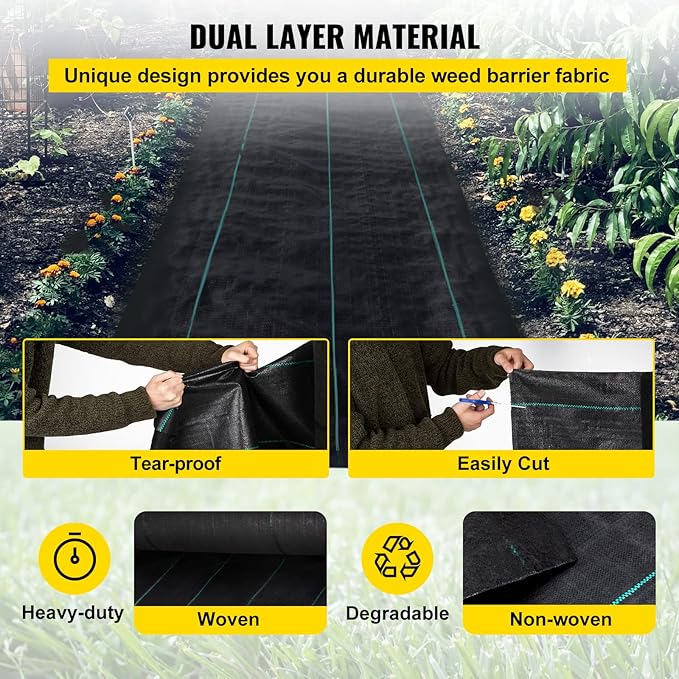 VEVOR Weed Fabric Barrier Heavy Duty, 3x300 FT, 5.8oz Weed Blocker Fabric, Woven Landscape Fabric, Garden Fabric Weed Barrier, Weed Control Fabric Ground Cover, Geotextile Fabric, Gardening Mat, Black