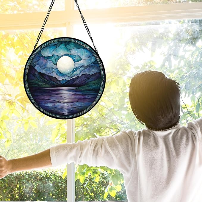 Stained Glass Window Hanging, Blue Night Moon Lake Sun Catchers Colorful Glass Panel Landscape Suncatcher Decor for Birthday for Women, Men, Wife, Aunt, and Mom 9.8 in