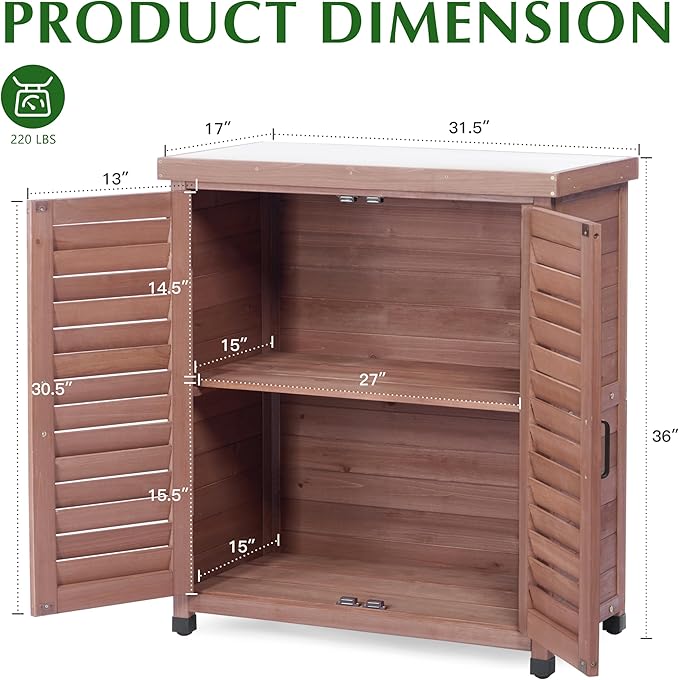 Outdoor Storage Cabinet & Potting Bench Table with Metal Top (Dark Brown, 36x31x17in)
