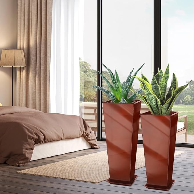 KOL 25'' & 28'' Tall Galvanized Steel Metal Glazed Planter with Insert, Set of 2, Metal Planter Pots for Indoor & Outdoor Use, Decorative Flower Plant Pots for Front Porch, Patio, Deck - Brown