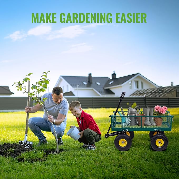 Backyard Expressions Heavy-Duty Steel Garden Cart – 400 lb Capacity, Removable Mesh Sides, Flatbed Convertible Yard Wagon with 10" Pneumatic Tires