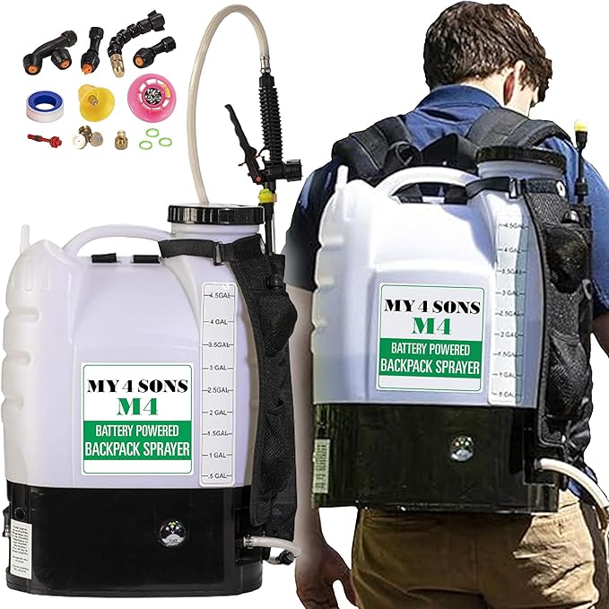 Backpack Sprayer - MY4SONS M4 4-Gallon Battery Powered - Cordless Electric Pump, Adjustable Wand, Waterproof Tank, Powerful 80 PSI Pump, Ideal for Garden, Lawn, Field, Fertilizers & Concrete Sealing