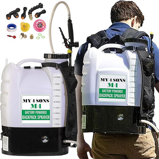 Backpack Sprayer - MY4SONS M4 4-Gallon Battery Powered - Cordless Electric Pump, Adjustable Wand, Waterproof Tank, Powerful 80 PSI Pump, Ideal for Garden, Lawn, Field, Fertilizers & Concrete Sealing