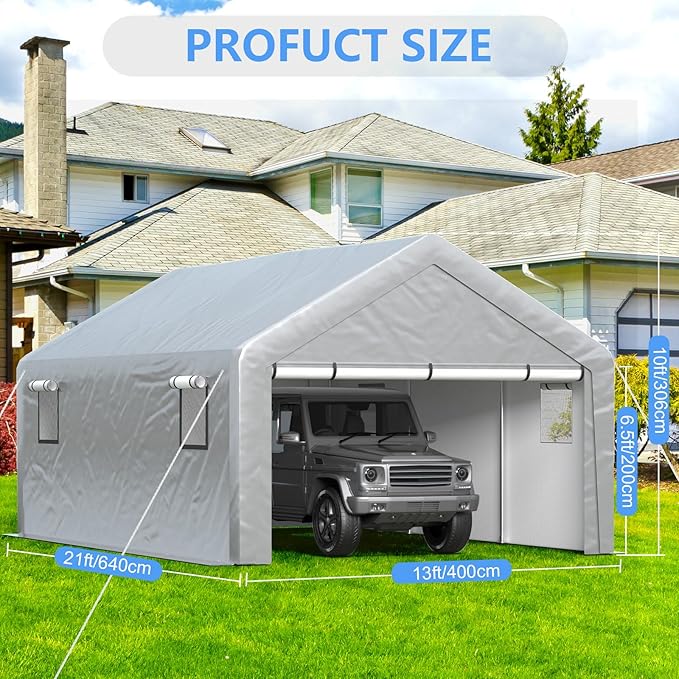 Carport 13x21ft Heavy Duty Large Outdoor Storage Shed with Roll-up Windows, Portable Garage w/Removable Sidewalls & Doors, Car Canopy Tent w/Sandbags & Tarp for Car Boat Truck