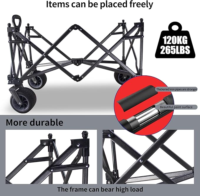 TMZ Collapsible Folding Wagon Cart, Outdoor Utility Garden Cart, Heavy Duty Camping Wagon with Big Wheels, Foldable Wagon for Sports, Shopping, Fishing and Beach-Grey