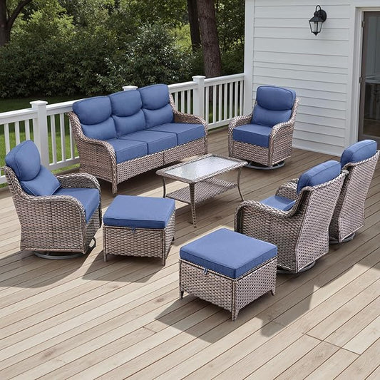 Wicker Outdoor Patio Furniture Set - 8 Piece Patio Conversation Sets with Swivel Rocker Chairs, Ottomans, Sofa and Table, 6 inch Cushions, Deep Seating, for Porch Deck Brown/Blue
