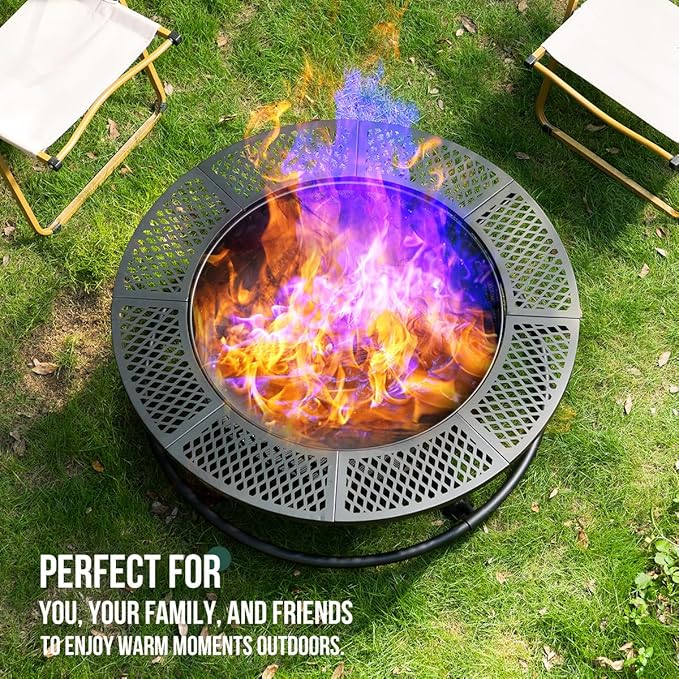 42 Inch Outdoor Fire Pit with Grill, Large Firepit Table for Outside, Metal Round Firepits with Lid&Fire Poker,3 in 1 Wood Burning Fire Pits & Outdoor Fireplaces for Backyard,Patio(42'' Black)