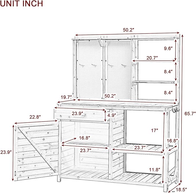 Fir Wood Potting Bench with Hutch - Outdoor Garden Workstation with 4 Shelves, Drawer & Adjustable Storage, 50.2" Countertop, & Pegboard (Natural + Wood + Rustic)