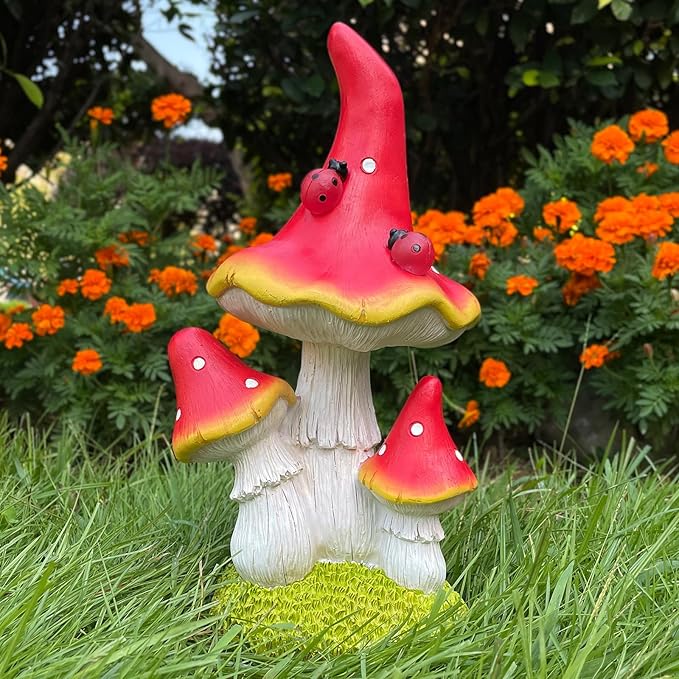 COWOS Solar Mushroom Garden Statue, Fairy Garden Accessories Outdoor Statues, Mushroom House Decor, 3 Mushrooms Head for Patio Yard Lawn Porch Outdoor Decor