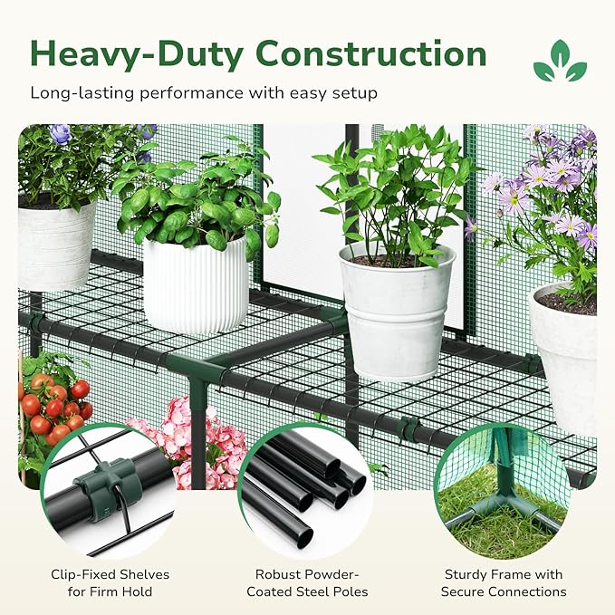 GreatBuddy Walk-in Greenhouse for Outdoors, High-Density PE Plant Cover with 2 Tiers of 8 Shelves, 4.5x4.5x6.5ft, Perfect for Plant Growing, 4 Ropes and Stakes Included