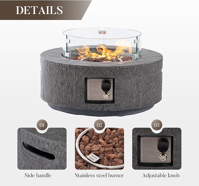 Cosiest Propane Fire Pit with Wind Guard&Tank Cover for Outside, 28 in Round Gas Fire Pits for Outdoor Patio, CSA Certified, 50000 BTU Concrete Rectangle Base with Rain Cover, Free Lava Rocks
