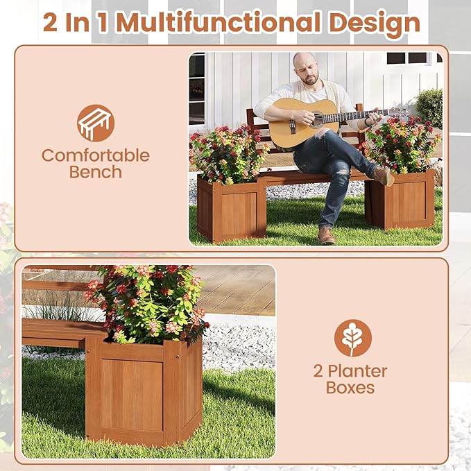 Giantex 2-in-1 Outdoor Bench with Backrest & 2 Raised Garden Beds, Wood with Teak Oil Finish, Planter Boxes with Open-Ended Base, Garden Bench Seat for Porch Balcony Lawn Yard, DIY Assembly