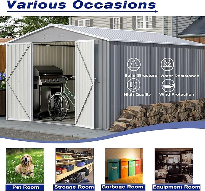 8×12 FT Storage Shed with 1 Lockable Door and Vents,Metal Aluminum Waterproof Tool Sheds,Heavy-Duty Sheds Unit W/Floor Frame,Lock & Key,Garden Shed for Storing Bicycles,Barbeques,Gray
