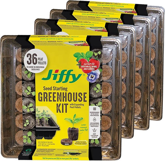 Jiffy Seed Starting Tray Kit, 36 Cell 36mm Peat Pellets with Bonus - 4 Pack, 144 Pellets Total