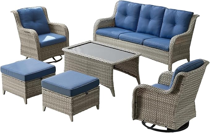Wicker Outdoor Conversation Set-6 Pieces Outdoor Wicker High Back Couch with Swivel Rocker Chairs Patio Furniture for Deck Poolside Backyard-Light Grey/Blue