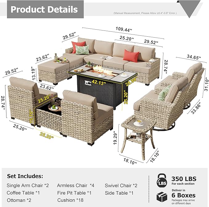 HOOOWOOO Outdoor Sectional Patio Furniture Set with Fire Pit Table,13 Pieces Wicker Conversation Sets L Shaped Couch,Extra Deep Out Door Sofa Outside Furniture with Swivel Chairs Ottomans,Beige