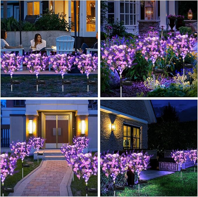 Solar Garden Lights Outdoor, 4 Pack Purple Lavender Solar Butterfly Lights Gardening Gifts for Women,Artificial Flowers Light Purple Halloween Garden Decor for Patio Yard Lawn Christmas