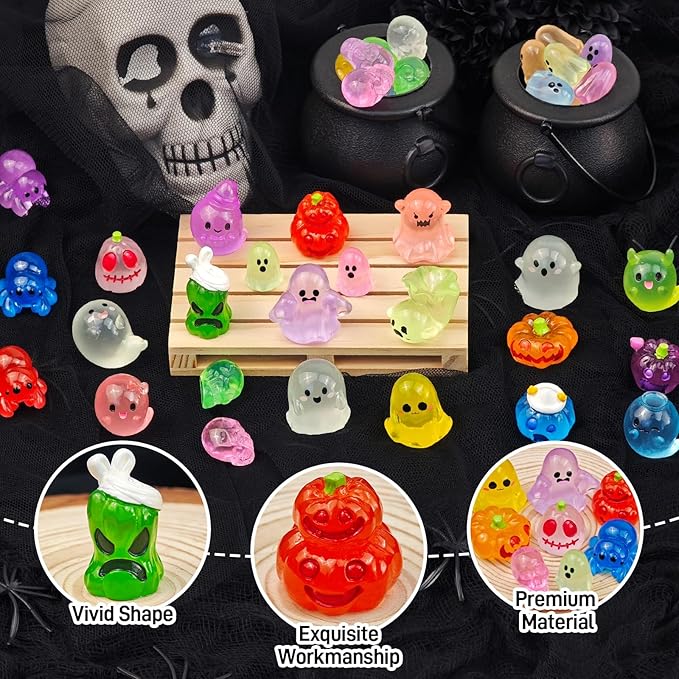 60 Pcs Halloween Luminous Mini Resin Figures Glow in The Dark Tiny Little Resin Pumpkin Ghost Spider Skull Miniature Figurines for Crafts Micro Landscape Fairy Garden Party Decor