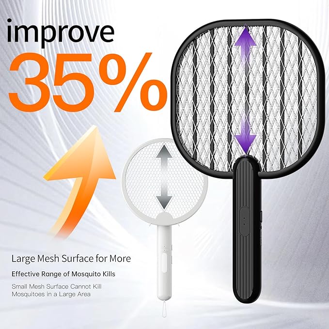 Electric Fly Swatter Bug Zapper: 3500V Mosquito Killer Racket with USB Rechargeable Insect Trap Pest Control Handheld Lightweight 5-Layer Safety Mesh for Indoor Home Office Backyard Patio Camping