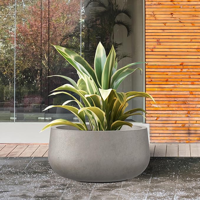 Kante 11.8" Dia Round Concrete Planter, Cement Plant Pots with Drainage Hole and Rubber Plug for Outdoor Indoor Garden Home, Modern Curvaceous Design, Weathered Concrete