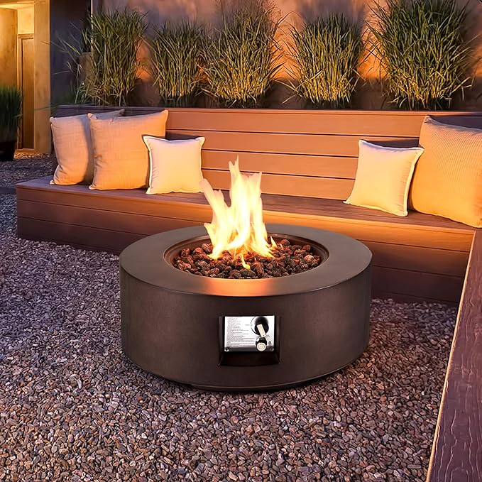 ECOTOUGE Round Gas Fire Pit, 30 Inch Outdoor Propane Firepit Table, Steel Fire Table w/50,000 BTU Auto-Ignition, Weather-Resistant Pit Cover, Lava Rocks, No Tank Holder, Brown