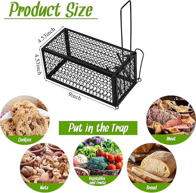 Qualirey 2 Pcs Humane Rat Trap Chipmunk Rodent Mouse Squirrel Trap Small Live Animal Mouse Voles Hamsters Live Cage Rat Mouse Cage for Mice Easy to Catch and Release (Black)