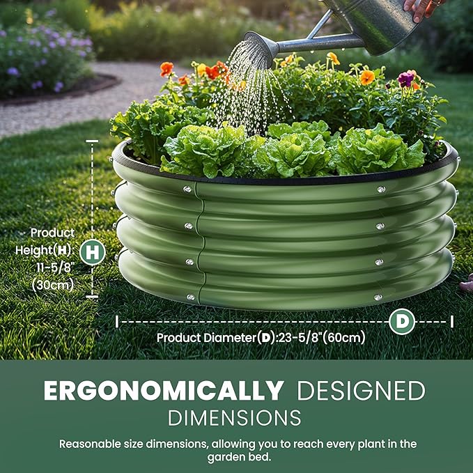 Round Galvanized Raised Garden Bed Kit, 2 Pcs 2 x 2 x 1ft Forest Green Galvanized Garden Boxes, Outdoor for Vegetables