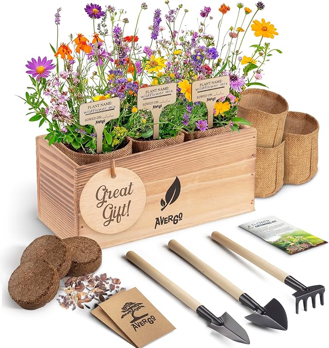 Wildflower Seed Mix Growing Kit - Includes Perennial & Annual Wild Flowers, Burlap Planters, Soil, Wooden Box, and Gardening Tools for Indoor Garden and Patio Planting