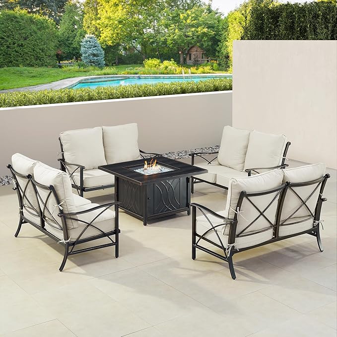 Oakland Living AHRI-4LS-CAVE-LGCU-AC Black Aluminum Patio Fire Table Set with Four Deep Seating Loveseat with Cushions, Antique Copper