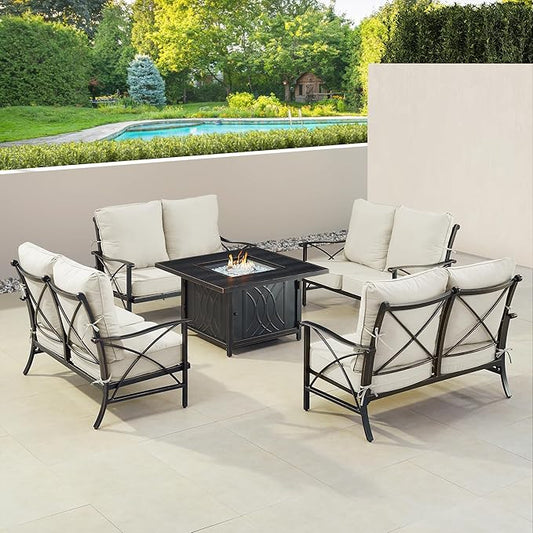 Oakland Living AHRI-4LS-CAVE-LGCU-AC Black Aluminum Patio Fire Table Set with Four Deep Seating Loveseat with Cushions, Antique Copper