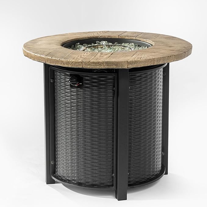 30'' Concrete Round Gas Fire Pit, 50,000 BTU Steel Outdoor Fire Tables, Fire Table with Lid, Add Warmth & Ambience to Gatherings and Parties On Patio Deck Garden Backyard.