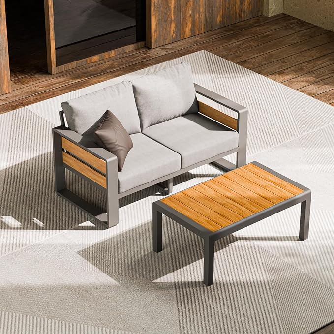 ZANDOR Aluminum Outdoor Patio Furniture - 1 Pcs Loveseat and Coffee Table, All-Weather Metal Modern Outside Furniture with Washable Thick Cushion for Garden/Backyard/Porch, Grey
