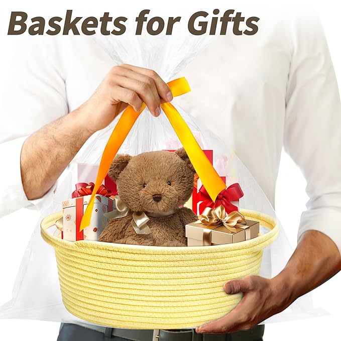 Pro Goleem Small Woven Basket with Gift Bags and Ribbons Durable Baskets for Gifts Empty Small Rope Basket for Storage 12"X 8" X 5" Baby Toy Basket with Handles, Yellow