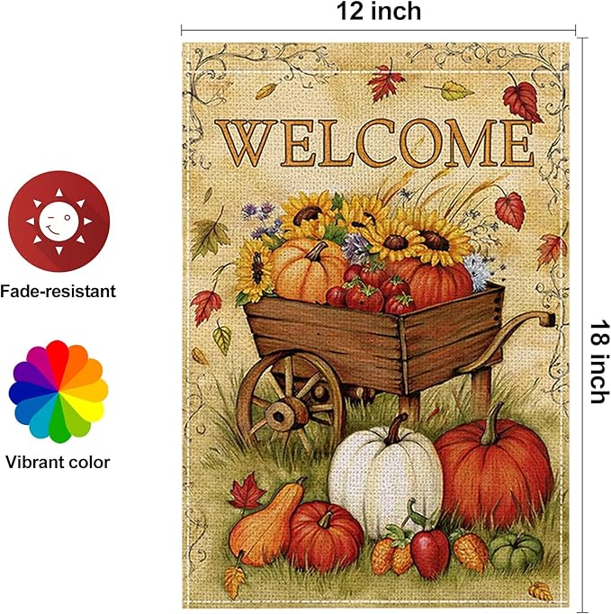 Fall Garden Flag 12 x 18 Inch Double Sided Welcome Pumpkin Sunflower Maple Leaves Farm Designs Autumn Burlap Yard Flag for Outside Rustic Yard Outdoor Holiday Home Decoration