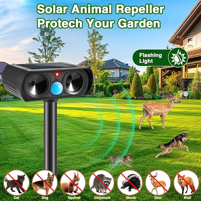 2025 Solar Ultrasonic Animal Repellent Cat Repellent Outdoor Solar Animal Repeller with Motion Detection Waterproof Deer Repellent Device to Repel Raccoon Rabbit Squirrel Skunk Fox(4Pack)