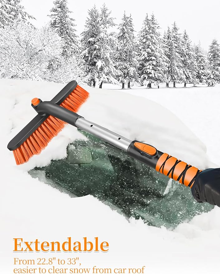 HEEYA Car Ice Scraper with 12.6 Inch Large Brush Head, Snow Brush and Ice Scraper for SUV Windshield Window, Extendable Snow Scraper for Truck Automobile Vehicle - Orange