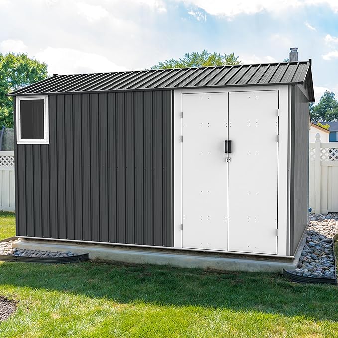 8x12 Ft Outdoor Storage Shed with Floor Frame and Window,Large Metal Utility Tool House W/Double Hinged Door & 4 Air Vents,All Weather Waterproof Garden Sheds for Backyard,Patio,Lawn,Dark Gray