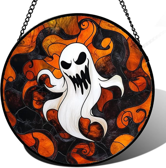 Stained Glass Window Hanging - Halloween White Ghost Suncatcher for Doors Window Garden Indoor Spooky Funny Orange Sun Catchers Gothic Decor Horror Gifts for Women Men Friend 9.8 in