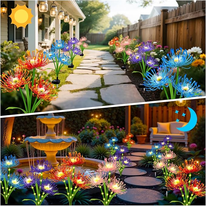 Solar Outdoor Lights 4 Colors Spider Lily – 4 Pack 12-Head Waterproof Garden Flower Lights with Glowing Stems,Decorative Solar Powered Yard,Patio & Lawn Decor,Gardening Gifts for Women Grandma
