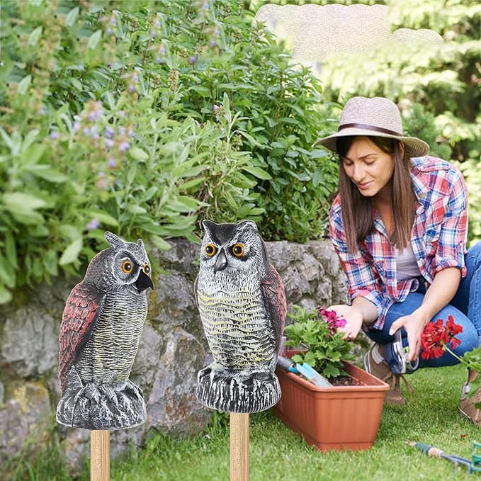 Hedoc 2 Pack Fake Owl Decoys to Scare Birds Away, Great Horned Owl Bird Deterrents, Nature Scarecrow Plastic Pest Repellent, Garden Decor and Yard Decoration for Gardens and Rooftops