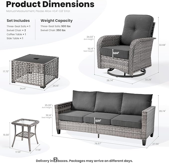 ovios 5 Pieces Patio Furniture Set, Outdoor Wicker Sofa Couch with Rocking Swivel Chairs Solar Lights Table, Modern Deep Seat Rattan Conversation Sets for Porch Deck, Black