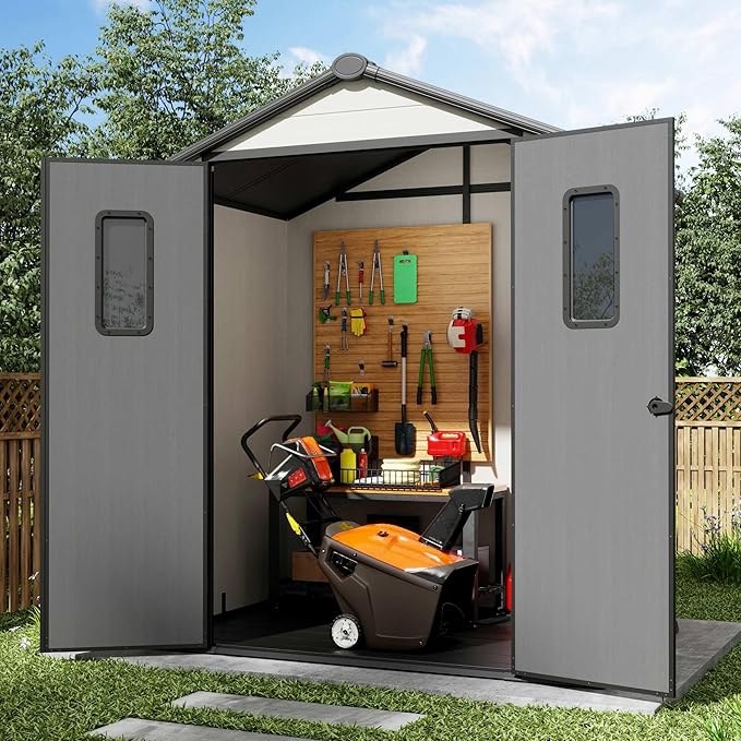 6' x 4' Outdoor Resin Storage Shed with Floor,Galvanized Metal Waterproof Garden Shed with Lockable Door, Windows, Vents, Plastic Tool, Bike Storage for Patio Furniture, Lawn Mower