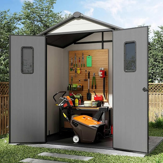 6' x 4' Outdoor Resin Storage Shed with Floor,Galvanized Metal Waterproof Garden Shed with Lockable Door, Windows, Vents, Plastic Tool, Bike Storage for Patio Furniture, Lawn Mower